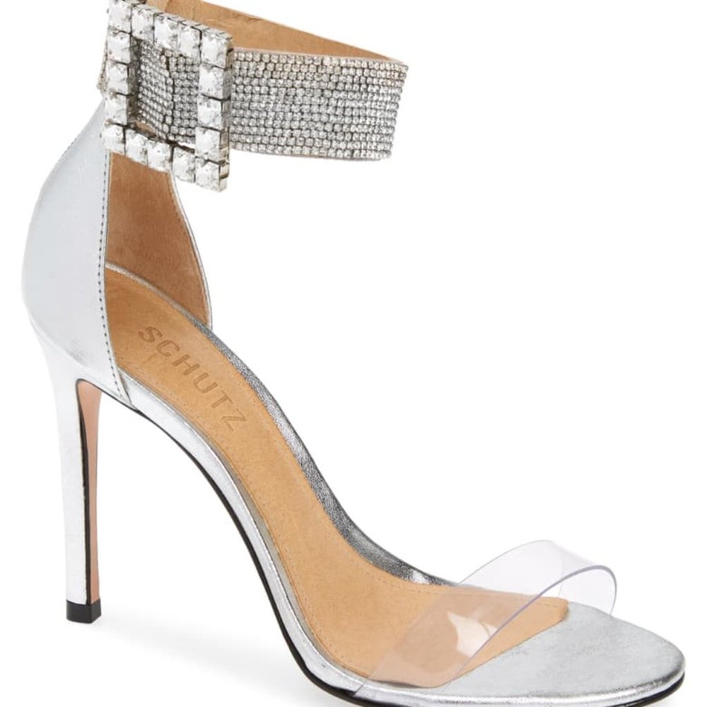 Schutz Silver Tanisha Crystal Ankle Strap Sandals